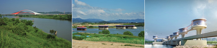 ▲ [좌측] 영산강 7공구 광주지구에 조성된 함평천 수변공간  [중앙] 승촌보 건설현장  [우측] 죽산보 완성 후의 조감도