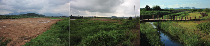 ▲ [좌측ㆍ중앙] 광주지구 수변공간 조성 전(左)과 조성 후(右)  [우측] 전남 목포시 옥암동 옥암지구에 조성된 수변공간