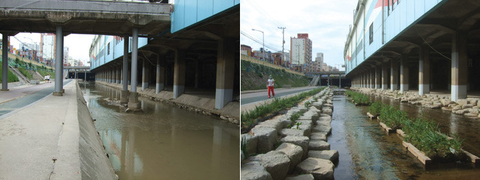 ▲ 온천천의 지하철이 지나는 구간은 복원사업전 콘크리트 제방(左)에서 복원 후(右) 자연석과 녹지공간으로 변했다.