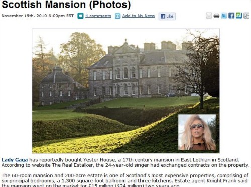▲ 레이디 가가가 구입한 스코틀랜드의 대저택ⓒ'스타펄스' 홈페이지 캡처