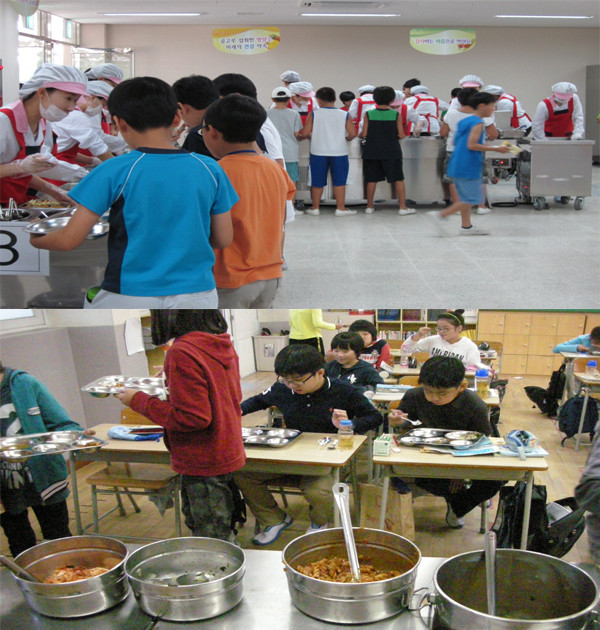▲ 식당에서 급식을 하는 초등학교(위)와 교실에서 밥을 먹는 초등학교(아래)의 모습. 한 눈에 보기에도 식당 급식이 위생적인 것을 알 수 있다.ⓒ자료협조=서울시교육청
