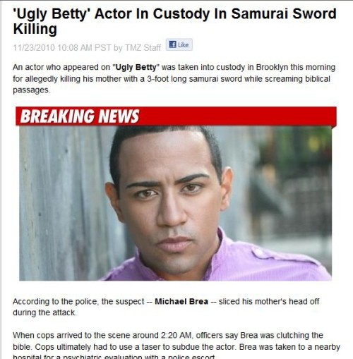 ▲ 미국 유명 TV 드라마 '어글리 베티'에 출연한 배우 마이클 브레어가 친모를 살해해 충격을 주고 있다. ⓒTMZ 홈페이지 캡처