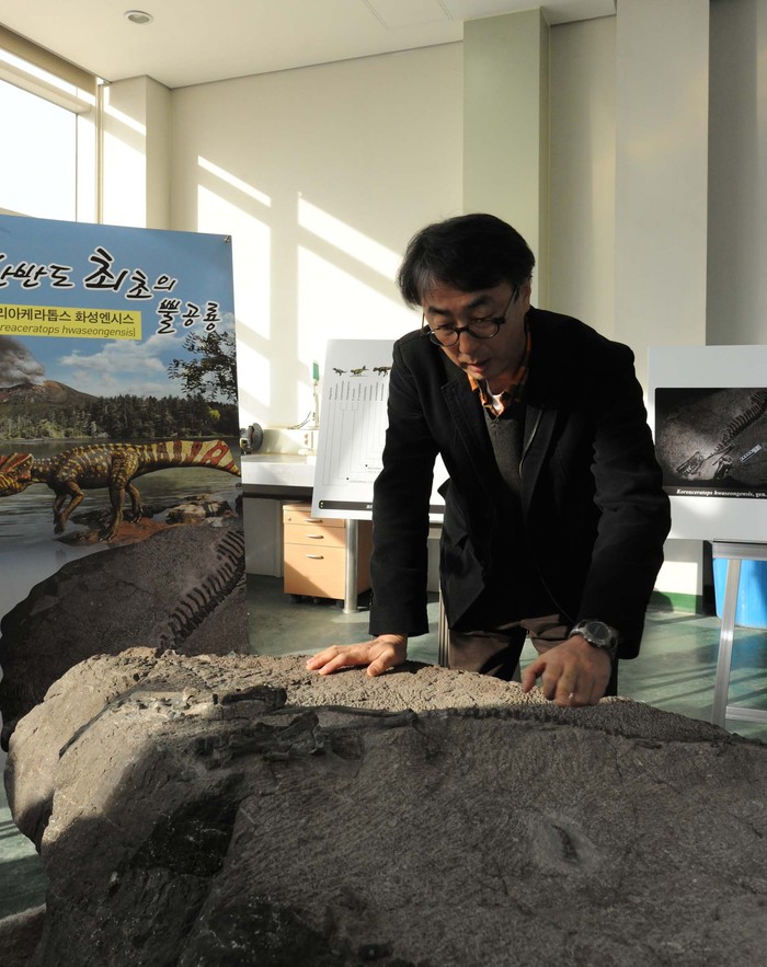 ▲ 한국지질자원연구원 이융남 박사가 화성시공룡알방문자센터에서 한반도 최초의 뿔공룡 화석을 살펴보고 있다. ⓒ화성시 제공