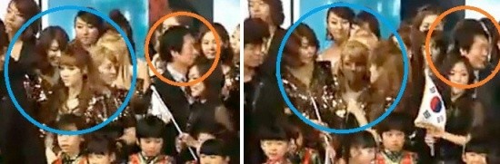 ▲ 대화를 나누고 있는 소녀시대 멤버들(청색 원)과 자리를 떠나고 있는 중년 남성(적색 원)의 모습.