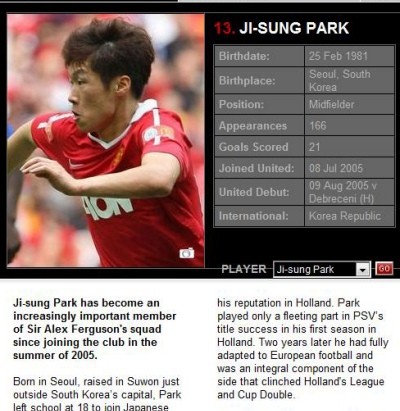 ▲ 박지성이 '11월 최우수 선수'로 선정됐다. ⓒ맨유 홈페이지 캡처