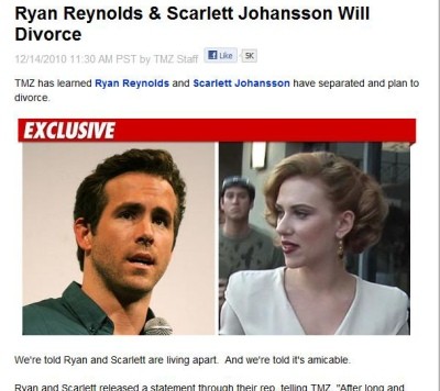 ▲ ⓒ할리우드 스타 커플 스칼렛 요한슨(26)과 라이언 레이놀즈(34)가 결별했다. TMZ 캡처