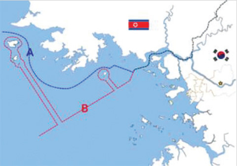 ▲ A:현재의 북방한계선 B:북한이 주장하는 해상군사분계선. 유엔군과 한국은 현 북방한계선을 위해 점령했던 이북의 도서지역을 양보했다