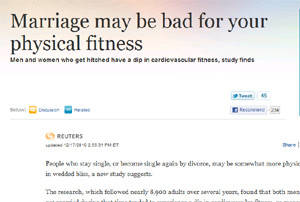 ▲ 결혼하지 않았거나 결혼했다가 다시 혼자 된 ‘돌싱’이 결혼한 사람들보다 건강이 더 좋다는 연구결과가 나왔다.ⓒmsnbc 인터넷판 캡처