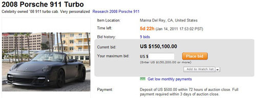 ▲ 데이비드 베컴의 애마 포쉐 911이 온라인 경매 이베이에서 연일 최고가를 갱신하고 있다. ⓒ 이베이 홈페이지 캡쳐