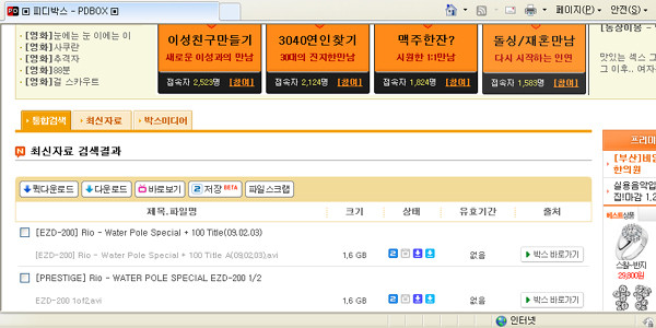 ▲ 2011년 1월 11일 현재 피디박스에서 일본 포르노 영상을 검색한 결과. 웹하드-P2P업계에 종사하는 Y씨는 '불법 유통되는 영화는 줄었지만 음란물은 그대로인 듯하다'고 전했다.ⓒ