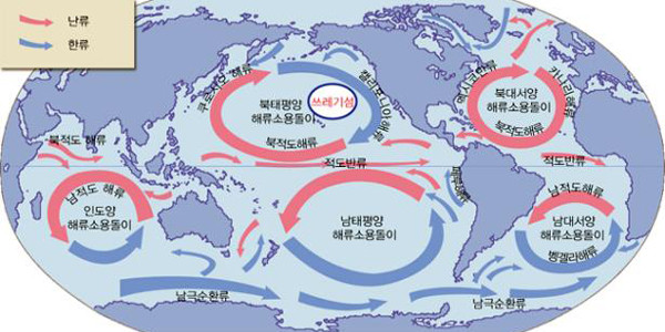 ▲ 세계의 주요 해류 흐름도. 해류는 염분 농도와 온도에 따라 바뀔 수 있다. 출처: 한국과학재단 홈페이지ⓒ