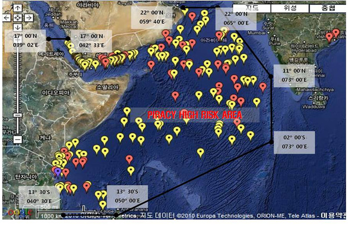 ▲ 확대된 해적위험지역.