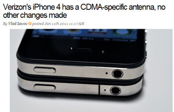 ▲ 3G 버전의 아이폰 4(아래)와 CDMA 버전의 아이폰 4(위). CDMA 버전은 안테나가 위로 올라가면서 약간의 디자인이 변형됐다.  ⓒ ebgaget