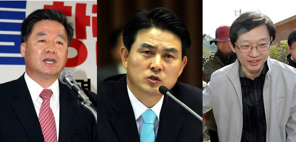 ▲ 경남 김해을 여야 후보에 오르고 있는 (왼쪽부터) 이봉수 노 전 대통령 농업특보, 김태호 전 경남지사, 김경수 봉하재단 사무국장. ⓒ 연합뉴스