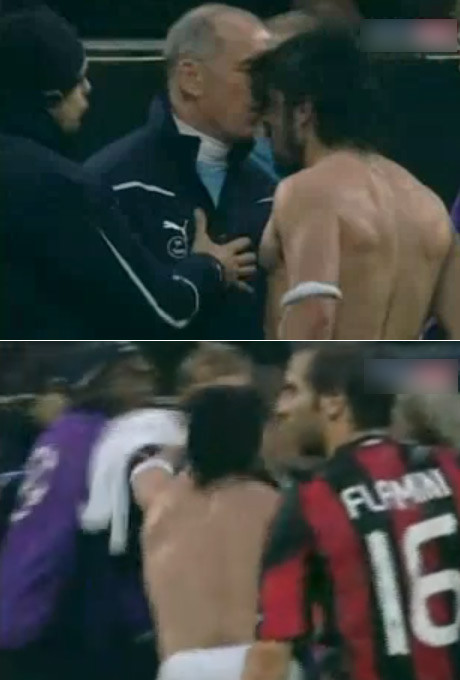 ▲ 젠나로 가투소(33·AC밀란)가 경기장에서 상대팀 코치의 목을 조르고 ‘박치기’를 하는 등 난동을 부려 빈축을 사고 있다.ⓒ유투부 영상 캡처