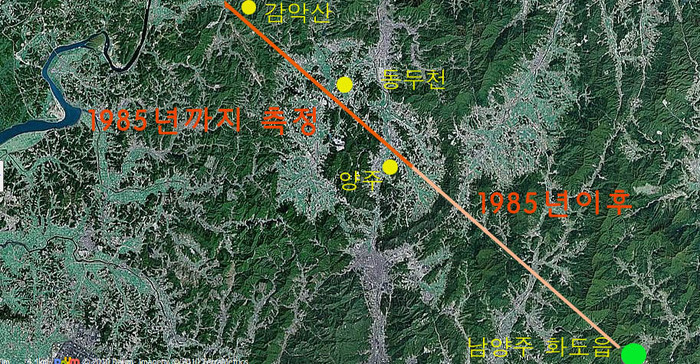 ▲ 이종창신부가 북한 땅굴 6호선으로 지목한 노선. 붉은 선까지는 지난 85년 이 신부가 직접 땅굴 반응조사를 하여 연장한 추정경로이고, 흐린 분홍색은 남양주 화도읍까지 남하한 것으로 추정되는 연장선.