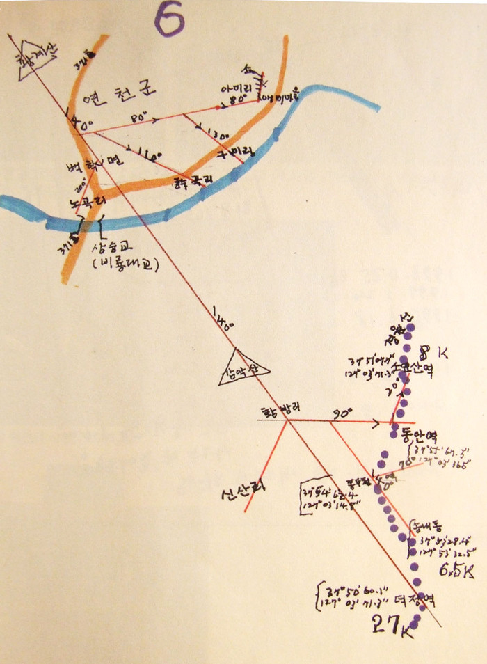 ▲ 이종창 신부가 1980년대 중반까지 전방지역을 탐사하며 표시한 북한 6호선 땅굴 약도. 방위각이 140도로 남하하다 양주, 동두천 등 일대서 지선으로 갈라져 있다.