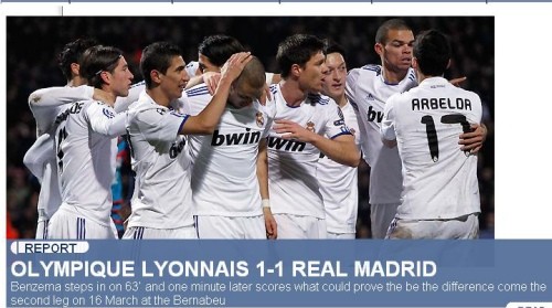 ▲ 레알 마드리드는 23일 새벽(한국시간) 프랑스 리옹의 '스타드 드 제를랑'에서 열린 2010-2011 유럽축구연맹(UEFA) 챔피언스리그 16강 1차전 리옹과의 원정 경기에서 두 차례나 골대를 맞추는 불운이 겹치며 1-1의 무승부를 기록했다. ⓒ레알마드리드 공식홈 캡처