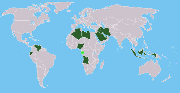 ▲ OPEC 회원국을 세계 지도에 표시한 것이다. 주로 중동 지역에 몰려 있음을 알 수 있다. 이에 포함되지 않은 거대 산유국으로는 러시아, 노르웨이가 있다.