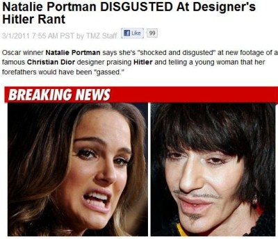 ▲ 올해 아카데미상 여우주연상 수상자인 나탈리 포트만이 유대인 모욕 발언과 히틀러를 옹호한 것으로 논란이 된 크리스챤 디올의 수석 디자이너 존 갈리아노(50)에 대해 깊은 불괘감을 표시했다.ⓒTMZ.COM 캡처