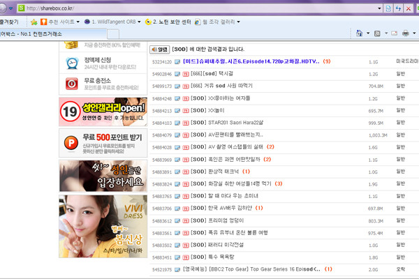 ▲ 일본 음란물 브랜드로 '쉐어박스'에서 검색한 결과. '좀비PC'로 감염시키는 코드가 바로 이런 콘텐츠에 숨어 있다.