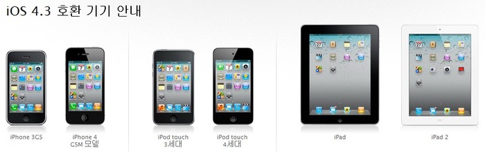 ▲ iOS 4.3 버전 호환 기기 ⓒ 애플 홈페이지 캡쳐