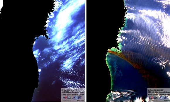 ▲ (왼쪽부터) 지진 발생 전인 9일 찍은 천리안 사진, 발생 이튿날인 12일 촬영한 천리안 사진ⓒ 뉴데일리