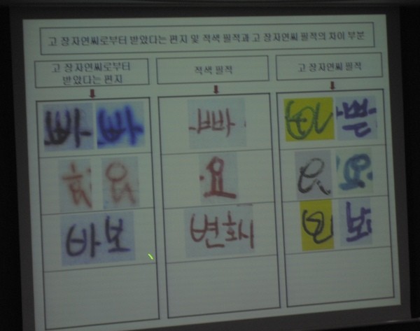 ▲ 국과수는 제보자 전씨가 장자연으로부터 받았다는 편지의 필적은 고인의 것과 상이하다고 밝혔으며 오히려 전씨로부터 압수된 편지의 적색 필적과 유사하다는 결론을 내렸다. ⓒ 뉴데일리