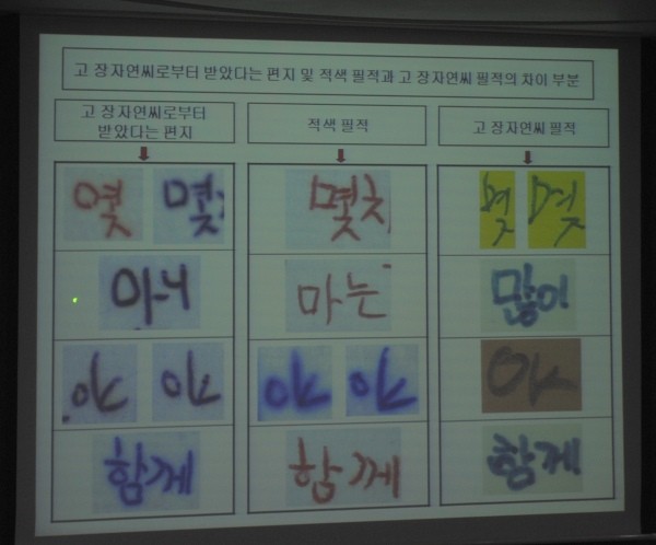 ▲ 국과수는 제보자 전씨가 장자연으로부터 받았다는 편지의 필적은 고인의 것과 상이하다고 밝혔으며 오히려 전씨로부터 압수된 편지의 적색 필적과 유사하다는 결론을 내렸다. ⓒ 뉴데일리