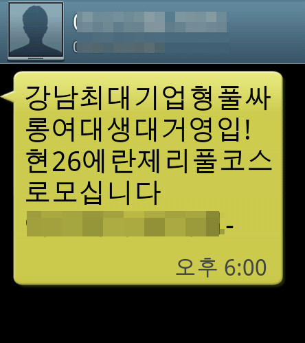 ▲ 성매매를 전제로 한 풀살롱을 홍보하는 강남 한 유흥업소의 광고 문자 메시지 ⓒ 자료샂
