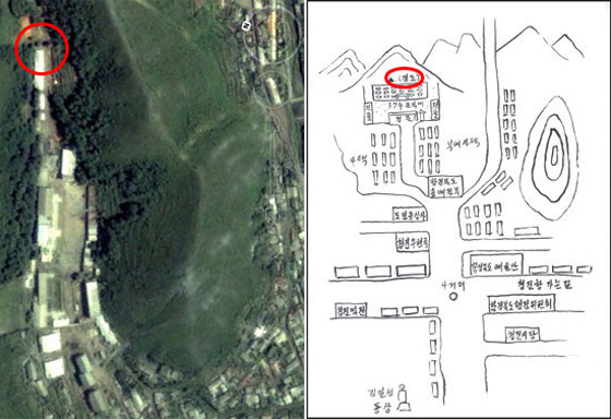 ▲ 함경북도 청진시에 소재한 374부대 위성사진(왼쪽), 청진시 출신 탈북자가 그림으로 설명한 374부대 위치(오른쪽). 붉은색 원안이 전시물자 보관창고.ⓒ데일리NK 캡처