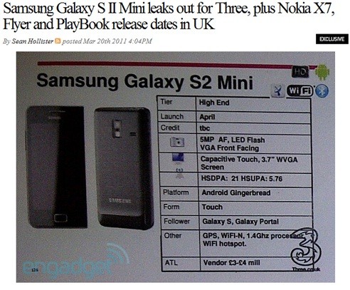 ▲ 21일 엔가젯은 삼성전자가 갤럭시S2 미니를 곧 출시할 것이라고 보도했다. ⓒ 엔가젯 캡쳐