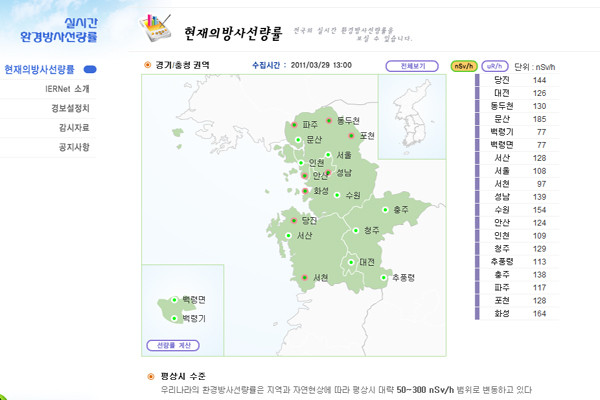 ▲ 한국원자력안전기술원이 제공한 29일 오후 1시 경기 일대 방사선 수치.