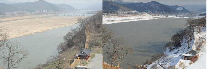 ▲ 금강 살리기 7공구 신관지구(공주산성) 준설 전(2010.3.23)과 후(2011.1.24)의 변화다. 수로를 과하게 차지하고 있는 토사를 걷어내 수로면적이 넓어졌다.
