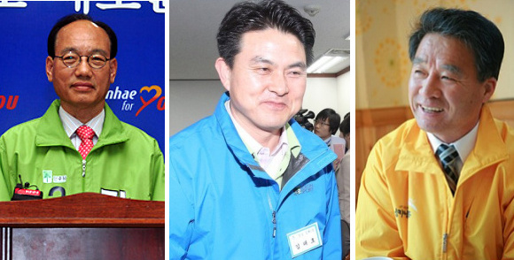 ▲ 좌측부터 민주당 곽진업, 한나라당 김태호, 국민참여당 이봉수 후보ⓒ 각 후보 홈페이지, 연합뉴스