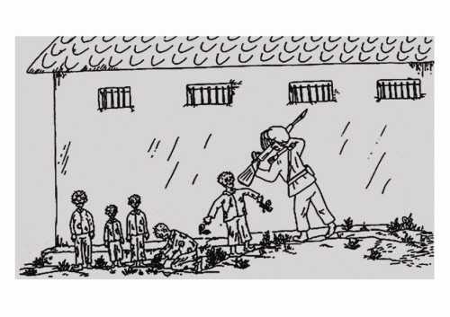 ▲ 구류장에 갇힌 정치범들에게 일주일에 30분씩 햇볕쪼이기를 시키는데 이때 정치범들은 해골 같은 몰골로 겨우 밖으로 나온다. 남녀노소 할 것 없이 모두 삭발하고 하루 100g의 콩밥에 소금국을 받아 먹고 사는 그들은 햇볕쪼이기 시간에 경비를 서는 계호원 몰래 닥치는대로 풀을 뜯어먹는다. 그러다가 들키면 흠씬 두들겨 맞고 때로는 죽기도 한다. ⓒ세이지