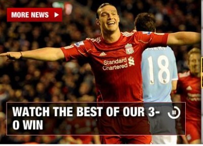 ▲ 리버풀이 앤디 캐롤의 대활약 속에 맨체스터 시티(이하 맨시티)를 3-0으로 완파했다.ⓒ리버풀 공식홈페이지 캡처