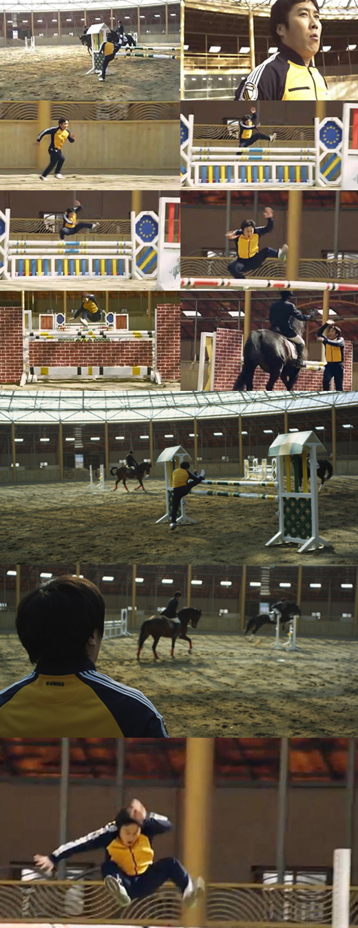 ▲ 개그맨 김병만이 놀라운 마장 묘기가 눈길을 끄는 '초달인 CF'.ⓒ김병만 '초달인'CF 캡처