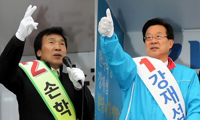 ▲ 분당을 재보선에 나선 한나라당 강재섭 후보와 손학규 후보가 26일 각각 성남시 정자역 일대를 돌며 지지를 호소하고 있다.ⓒ 연합뉴스