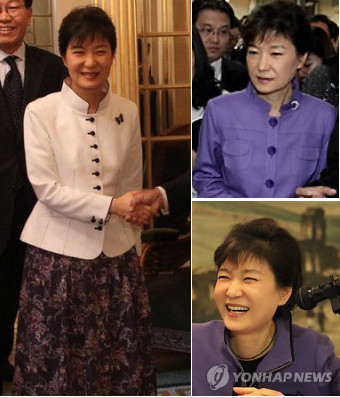 ▲ '보랏빛 박근혜' 박 전 대표는 포르투갈 정상을 만나는 자리에서는 꽃무늬 보랏빛 스커트를 매치했고(왼쪽), 한국기업 방문시에도 보랏빛 재킷으로 애정을 드러냈다.(오른쪽위) 오른쪽 아래는 5일 기자간담회에서 모습. ⓒ 연합뉴스