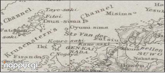 현해탄 위치를 대마도 아래 이끼섬 남단으로 표기한 1855년의 미국 지도.