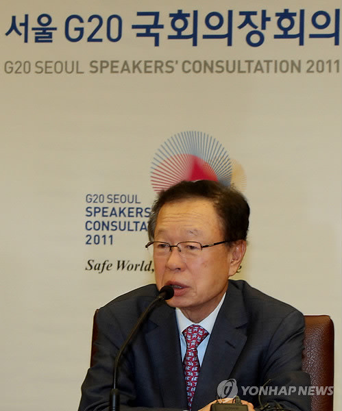 ▲ 박희태 국회의장이 12일 국회 제1접견실에서 열린 `서울 G20(주요 20개국) 국회의장회의 세계대진출 간담회'에서 G20 국회의장회의 성공개최에 대한 협조를 당부하고 있다. ⓒ 연합뉴스