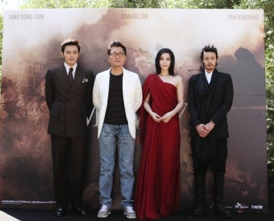 ▲ (왼쪽부터) 칸에서 열린 제작보고회에 참석한 장동건, 강제규 감독, 오다기리 조, 판빙빙. ⓒCJ E&M