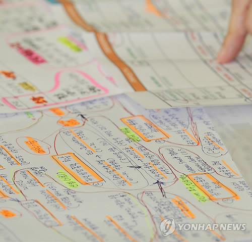 ▲ 유영숙 환경부 장관 내정자가 24일 국회 환경노동위원회에서 열린 인사청문회에서 의원들의 질의에 대비해 작성해 온 메모. 구체적인 수치와 환경문제 연관성 등을 색연필 등으로 빽빽하게 기록, 대비를 철저히 해온 것을 알 수 있다.ⓒ 연합뉴스