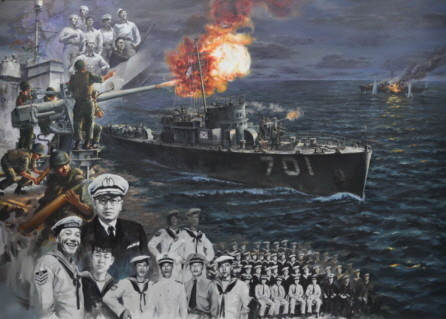 ▲ 기록화 대한해협 전투-백두산함과 60인의 전사들(오광섭 작가) ⓒ 6.25전쟁기념미술대전조직위원회 제공