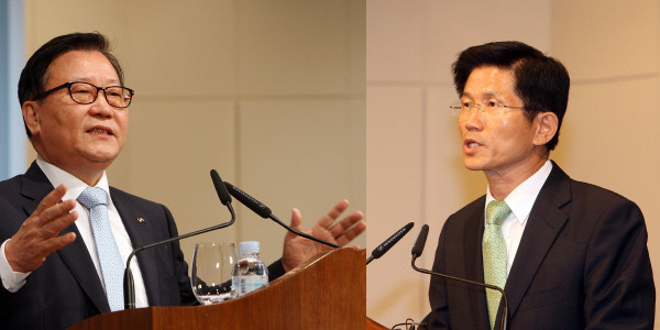 ▲ 24일 오전 수원 중소기업종합지원센터에서 열린 '기우회'에서 김문수 경기지사(右)와 박세일 한반도선진화재단 이사장(左)이 발언하는 모습.ⓒ뉴데일리