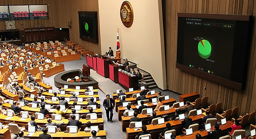 ▲ 국회 본회의 참석 의원들이 30일 오후 경찰관에 대한 검사 수사지휘의 구체적 사항을 대통령령으로 정하도록 하는 내용의 형사소송법 개정안을 표결하고 있다. ⓒ연합뉴스