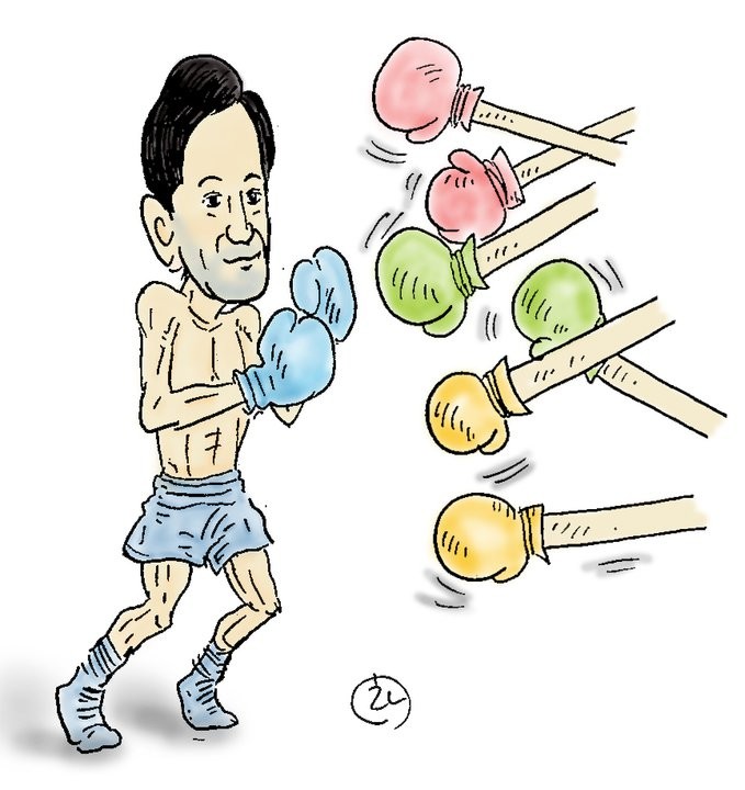 ▲ 한나라당 차명진 국회의원이 직접 그려 자신의 페이스북에 올린 그림. 오세훈 서울시장이 수많은 펀치 앞에서 홀로 서 있다. ⓒ 캡쳐화면