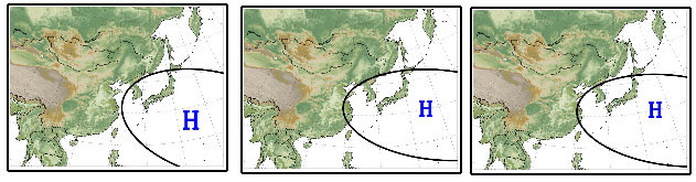 ▲ 기상청이 예측한 1개월 기상예상도. 사진 왼쪽부터 7월 하순, 8월 상순 8월 중순.ⓒ