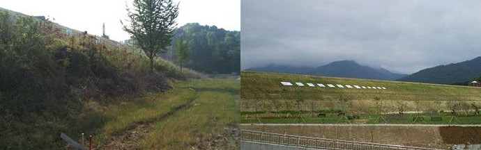 ▲ 둑높이기 공사전(사진 왼쪽)과 공사후(사진 오른쪽)의 제체의 모습. ⓒ
